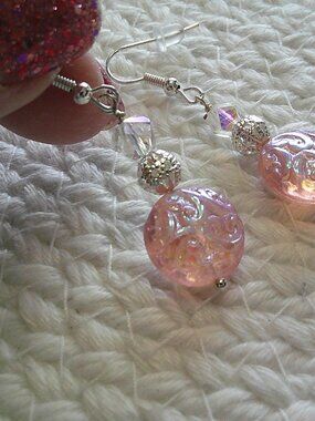 Gorgeous PINK BUTTON GLASS & CRYSTAL Handmade Silver Dangle Earrings #433E